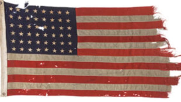  The flag flown on June 6, 1944, from the stern of Landing Craft Control 60 on the craft’s solo mission to lead other vessels across the English Channel on the way to the storming of Utah Beach. Courtesy of Heritage Auctions