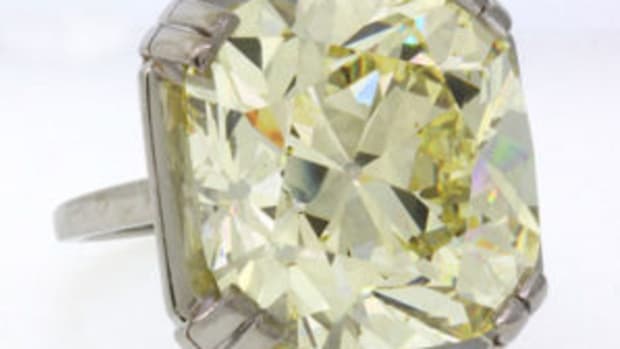 This rare 34.28 carat Old Mine Cut fancy light yellow diamond and platinum ring from the historic Spenger Collection, will be offered at Clars on February 17.