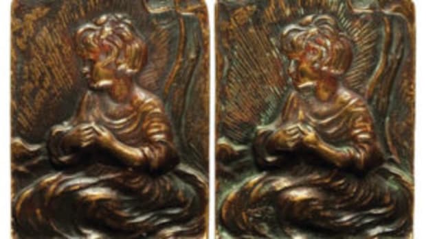 Bookends, matching pair, depicting a seated child, signed Old English, undated, 2” l x 3” d x 6” w., $15 Heritage Auctions, www.HA.com