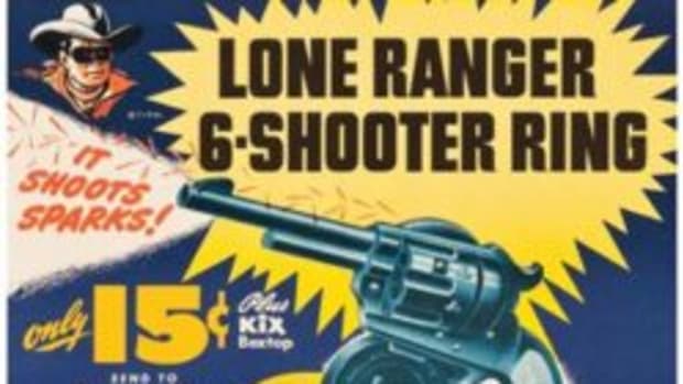 The Lone Ranger 6-Shooter Ring, Kix Cereal (General Mills, 1947). Advertising poster (17” x 22”). This unique lot features an advertisement for a premium Lone Ranger-themed ring issued by General Mills in 1947 that was obtained by sending 15¢ and one Kix box top. The Lone Ranger looks out from the upper left corner, and at the center is a detailed illustration of the ring. The base is embellished with Western elements and holds a three-dimensional plastic replica gun marked on its base with a horseshoe surrounding “LR” initials. There is even a small opening under the barrel where a flint is to be inserted. Folded, Near Mint. Sold at auction for $239. Courtesy of Heritage Auctions