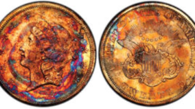 Named “Supernova” because of its unique, multi-color toning, this California Gold Rush coin struck at the San Francisco Mint in 1857, and lost at sea for 157 years in the sinking of the legendary “Ship of Gold, the S.S. Central America, is expected to sell for a quarter-million dollars or more in New Orleans on May 16, 2019 in an auction conducted by Legend Auctions of Lincroft, New Jersey. Photo courtesy of Professional Coin Grading Service.