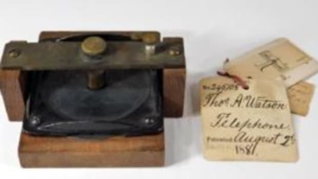 Bell and Watson prototype phone, accompanied by original 1881 patent paperwork and a tag with Watson’s hand-written name and the date August 2, 1881, $40,000.