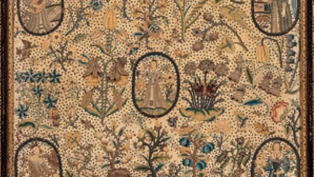  “The Five Senses” stumpwork picture, England, 17th century, stitched in silk and metallic threads on a silk background depicting the five senses in oval vignettes against a background of flowers, fruit trees, birds, and animals, framed, 23-1/2” h, 28” w, sold at Skinner for $17,220 - thousands more than its estimate of $2,000-$4,000. Image courtesy of Skinner Auctioneers and Appraisers