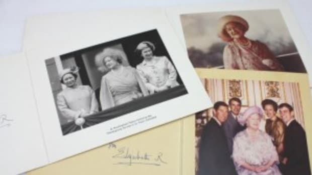 A collection of nine Christmas cards from Queen Elizabeth, circa 1980s, each signed in ink by the Queen, may command between $800 and $1,200.