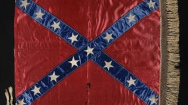 Confederate hand-sewn battle flag of General Lloyd Tilghman of Maryland and Kentucky (killed at Vicksburg), one of only four such flags known with a 15-star count/configuration, 37 inches by 39 inches (flag), offered for $325,000 by Jeff R. Bridgman American Antiques. Courtesy of Jeff R. Bridgman American Antiques; www.jeffbridgman.com.