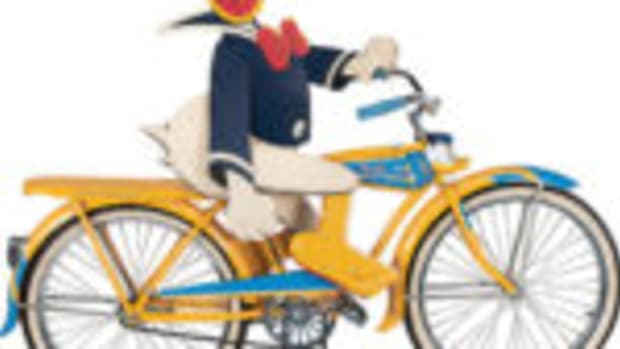 Donald Duck Shelby Bicycle store display with rare Donald Duck rider figure with light-up eyes and “quack” sound in place of a horn. Est. $5,000-$10,000