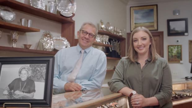 Mike Walton and his daughter, Julie Walton Garland, with a photo of Melba, Walton’s Antique and Estate Jewelry’s late founder — three generations of Waltons.