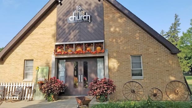 A converted Catholic church in Alvord, Iowa, is now The Church antiques and vintage shop.
