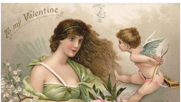 Often the same price or even less than a Hallmark card, vintage Valentine cards and postcards offer a creativity and beautiful artistry not found with modern cards. This fantastic Valentine postcard from 1912 features a beautiful woman face to face with Cupid holding his bow and arrow behind him; $10.