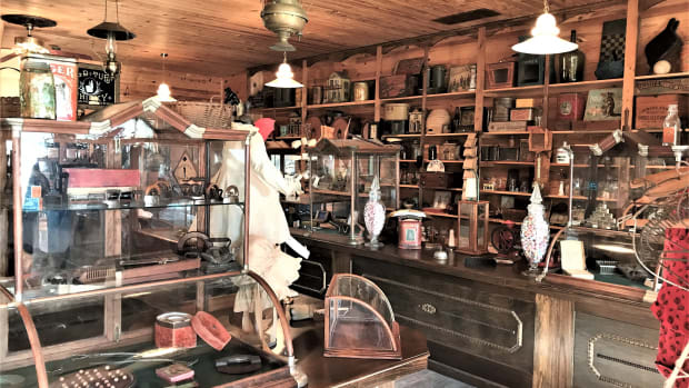 A view of the country store in Jerry Phelps' Van Buren Village with counters and shelves filled with items typically sold in yesteryear.