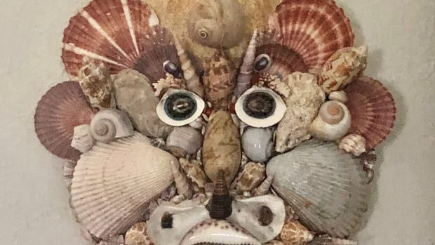 An honest-to-goodness seashell mask made in the style of Renaissance artists. See that in a thrift shop and there’s no passing it up. Right?