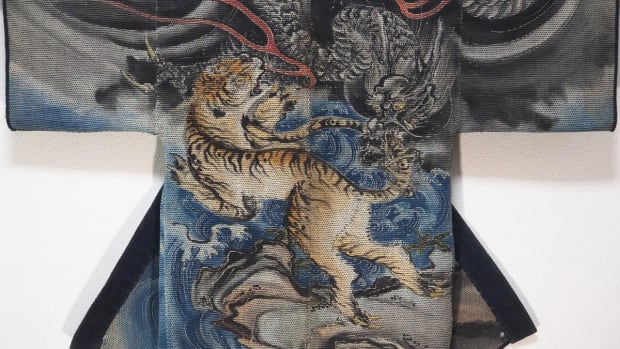 This 19th-century coat is decorated with a tiger and dragon motif. In Japanese lore, the tiger and dragon are the mightiest animals. During the peaceful Edo period, dragons were worshipped as water gods that could bring rain, prevent floods, and control the change of seasons. The dragon also represents wisdom and good luck; the tiger represents strength and courage.