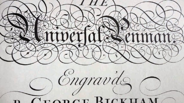 The title plate for facsimile edition of The Universal Penman by George Bickham, first published in 1743. The title is spelled out in “Old English” print and “ornamental” capitals letters, with Bickham’s name in “Roman” print. The lettering is by Bickham himself.