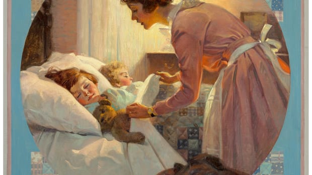 A classic image of a mother tucking her children into bed by Norman Rockwell: Mother’s Little Angels, the Literary Digest cover from January 29, 1921.