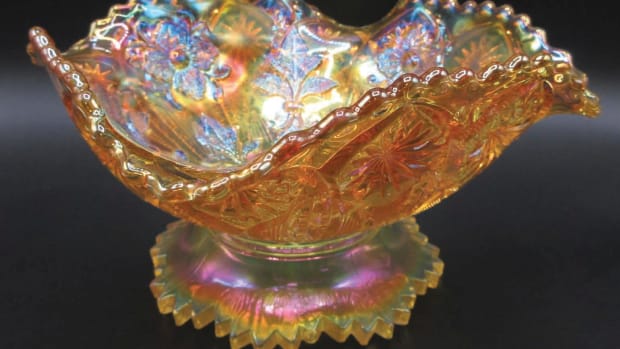 Millersburg 9" vaseline Fleur de lys dome footedsquare bowl, extremely rare and outstanding blue iridescence.
