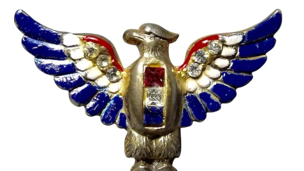 Sterling Craft by Coro American bald eagle pin with red, white and blue rhinestones and enamel; $60. ForeEffect: rubylane.com/shop/foreeffect