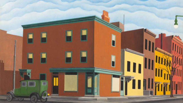 George Copeland Ault's Morning in Brooklyn (1929). The painting is now thought to be a forgery by D.B. Henkel.