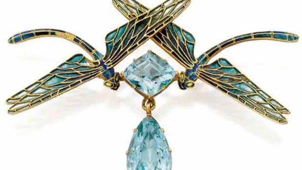 Lalique's "deux libellules" brooch in the form of two facing dragonflies in gold, plique-a-jour enamel, and aquamarines, c. 1903, 2-1/2” w; $75,600.