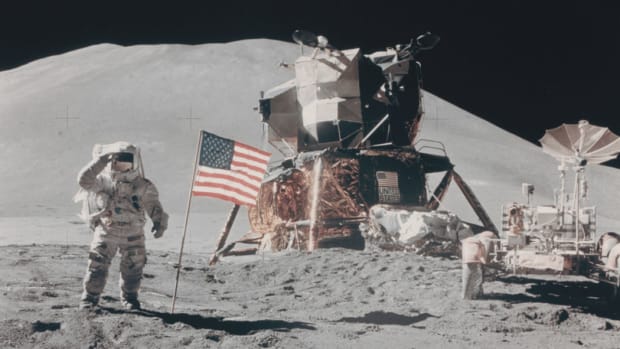 Apollo 15 Astronaut James Irwin salutes the U.S. flag on the moon in 1971.