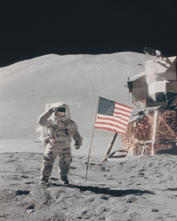 Apollo 15 Astronaut James Irwin salutes the U.S. flag on the moon in 1971.