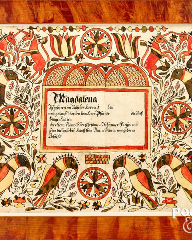 Christian Beschler "Sussel Unicorn Artist" (Northumberland County, Pennsylvania, ca. 1800), ink and watercolor fraktur for Magdalena Fuchs, b. 1801, 13" x 16". Beschler was originally dubbed the Sussel Unicorn Artist after the landmark Arthur Sussel sale at Parke-Bernet Galleries in 1958. His identity remained unknown until relatively recently when a collaboration between Drs. Don Yoder and Don Herr finally uncovered the artist's name. Estimate: $10,000-$15,000.