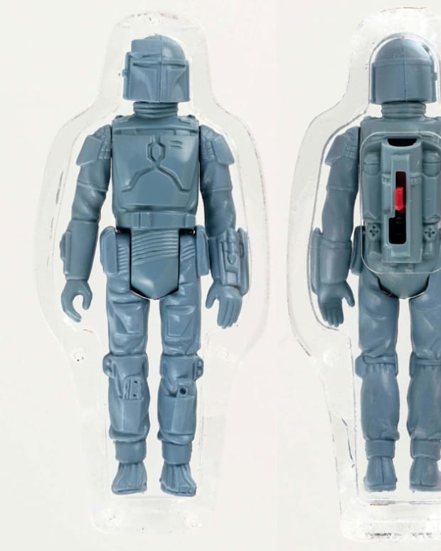 Boba Fett L-slot rocket-firing prototype action figure, predecessor to the Boba Fett figure in Kenner’s popular 1979 Star Wars toy line, sold for a world-record price of $236,000 against an estimate of $100,000-$200,000.