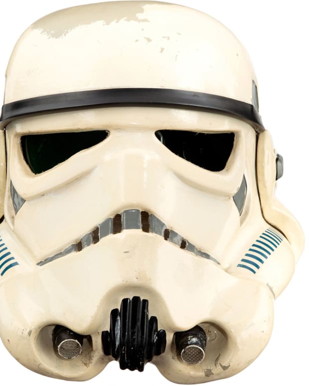 Screen-matched "Stop that ship! Blast 'em!" original Stormtrooper (Sandtrooper) helmet from "Star Wars Episode IV - A New Hope."