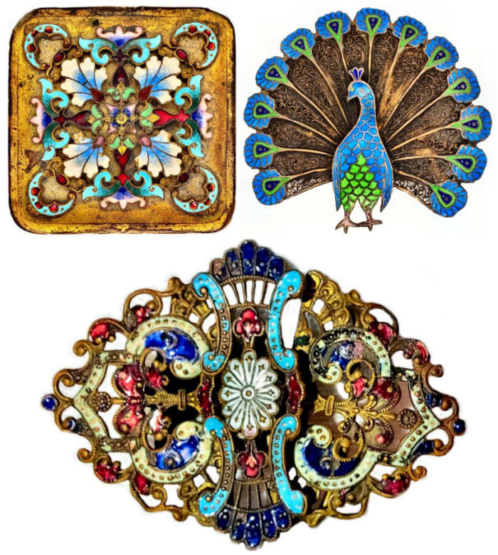 A combination of cloisonné and champlevé can be found in a single piece. These pieces open the door to interesting discussions as to whether a piece is cloisonné or champlevé. These are examples of pieces some would identify as Cloisonné, others as champlevé, and others as a combination. Certainly, the 20th century peacock brooch from Portugal displays characteristics of both. The tips of the tail feathers are champlevé, whereas the body is clearly cloisonné. At the upper left is a late 19th century gilt and intricately enameled box from France. The piece at the bottom is an elaborate, two-piece belt buckle that would have been worn on a cloth sash. The translucency of the brightly colored enamel and delicate swirls are nothing short of dazzling.