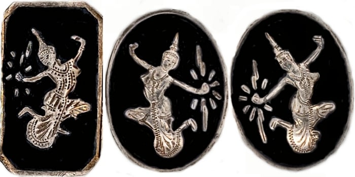 This image shows a pair of earrings and a panel from a bracelet marked “Siam” - pieces adorned with niello are known as “nielli.” Niello made in Siam is unique in that niello is absent in the engraved areas, contrary to most nielli. In Siam, the pieces are re-engraved after heating, thus exposing the silver beneath. Gold is also used as the background material, although silver is the preferred metal for the jewelry of “Siam.”
