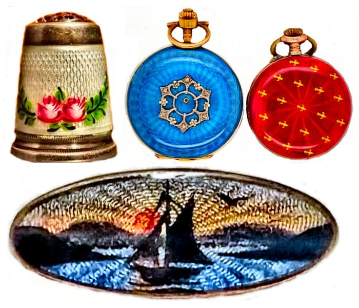 The Guilloché engraving can be readily seen beneath the translucent enamel on these items: sterling silver thimble with floral overpainting, 14kt gold ladies watch in royal blue, lady’s watch in red with gilt fleur de lis, and an Albert Scharning enamel brooch depicting a sailboat during sunrise. Note how the Guilloché engraving mimics the rays of the sun and waves in the water.