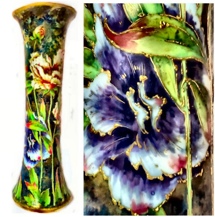 This 14-inch, hand-painted, “R St. K” Amphora, Turn-Teplitz, Austrian vase is decorated overall in polychrome enamels applied to the surface. The enamels add depth and luster to hand-painting on porcelain.