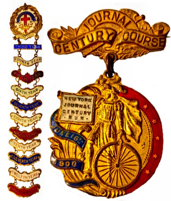This multicolored, religious, years-of-service enamel pin celebrated thirteen years of service with a new bar being added for each year of service. The “Century Journal Course” cycling medal from June 16th 1900 is decorated with blue and red enamel that has remained almost pristine for 120 years.