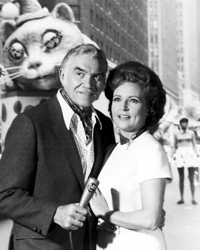 Bonanza star Lorne Greene (1915-1987) and the incomparable Betty White are photobombed by a giant float as they pose for a publicity still at the parade in 1969. The pair presented the telecast of the event for NBC television and hosted the parade every year from 1962 to 1971.