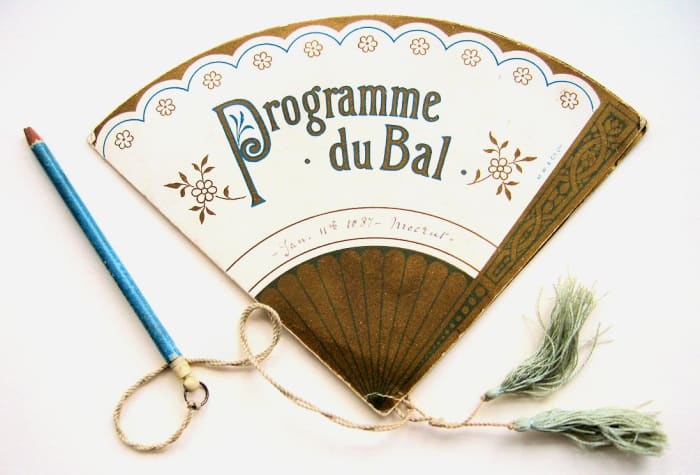 Programme du Bal engagements card for January 11, 1887,  published by M W & Co Ltd.  Inside this dance card, which opens out in the shape of a fan, as shown below. After the event, the card was kept as a souvenir of the evening,  perhaps finding a place in the lady’s drawing-room album.
