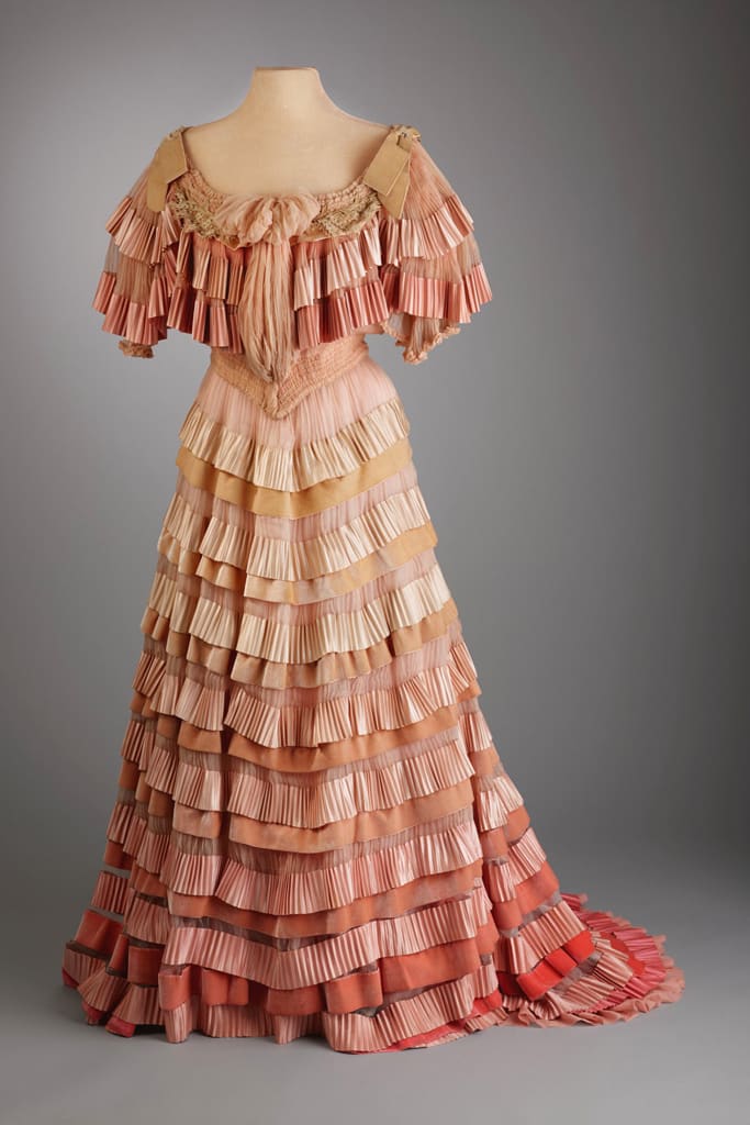 Post bought this frothy pink graduation gown of silk lawn, silk ribbon at Bergdorf Goodman in 1904.