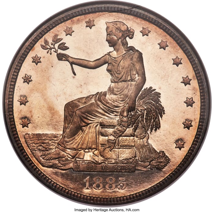 The most valuable U.S. rare coin sold in 2019 was a proof 1885 silver Trade dollar, graded NGC PR66, that sold for a record $3.96 million by Heritage Auctions. Heritage sold a total of $181.3 million of U.S. rare coins at auctions last year. The reverse of this coin is shown below.