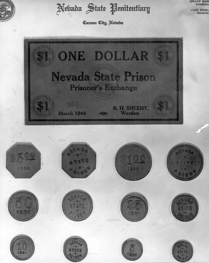 The various Nevada State Prison tokens used at the casino.