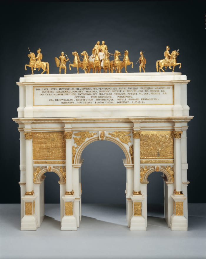 This marble and gilt bronze model of Septimius Severus, c.1808-15, together with arches of Titus and Constantine, were made under the auspices of the Roman Academy of St Luke by the silversmiths Giovacchino Belli and his son, Pietro; 25” x 22-1/2” x 11”. More information is here.