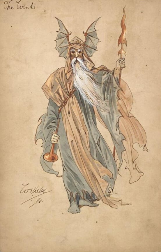 Costume design by Wilhelm for The Winds wearing a gray flowing floor-length robe with a hood and semi-cape, dragon's wings head piece, spear and metal wind instrument in the pantomime "Dick Whittington," as performed at Crystal Palace on 24th December 1890.