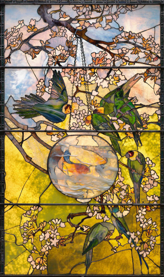 Louis Comfort Tiffany's "Parakeets and Goldfish Bowl," 1889.