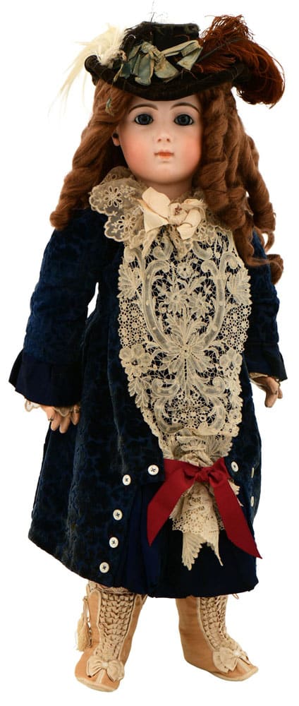 Jumeau "Long Face" bisque-head doll, circa 1880, jointed body composition, head marked with blue stamp, 29" h; estimate: $5,000-$7,500.