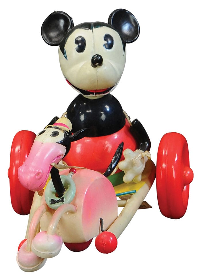 A 1930s Japanese celluloid Mickey Mouse chariot pulled by Horace Horsecollar, with original sales tag; estimate: $4,000-$7,000.