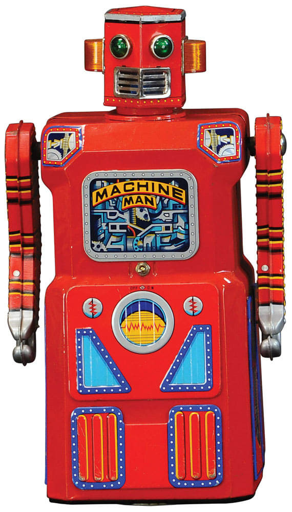 Masudaya (Japan) Machine Man Robot, battery operated, rarest of the famed "Gang of Five" robot series, near-mint condition, 15" h; estimate: $40,000-$70,000.