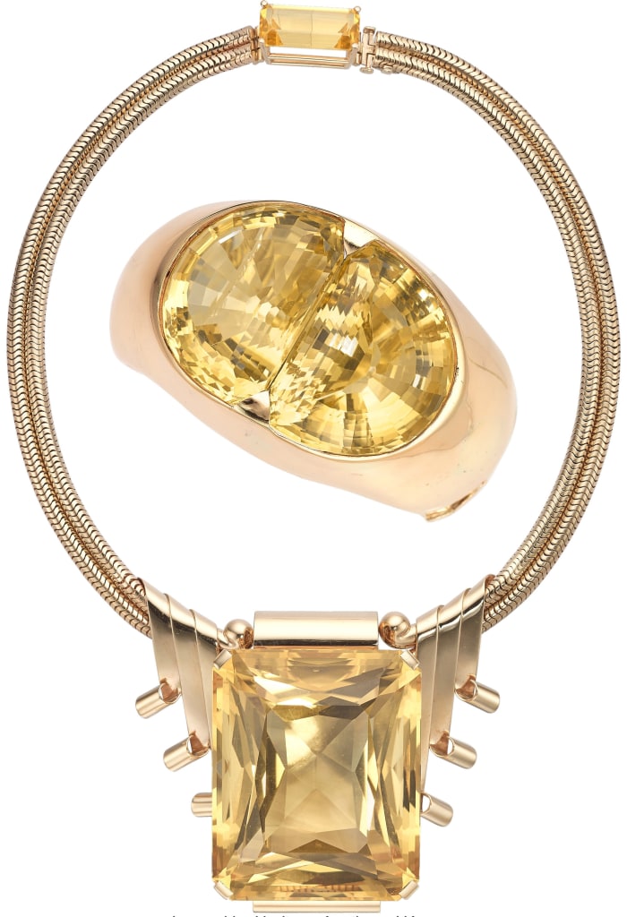 The citrine and gold jewelry suite actress Joan Crawford commissioned from Raymond Yard; estimate: $15,000-$20,000.