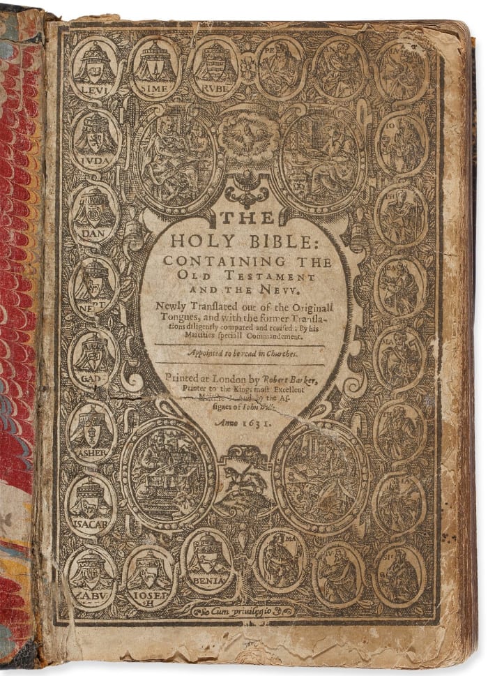 The title page of the Wicked Bible that sold at Sotheby's in 2018 for $56,250.