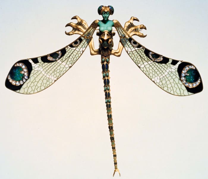 René Lalique Dragonfly Woman corsage ornament, made of gold, enamel, chrysoprase, moonstones, and diamonds, 1897-98.