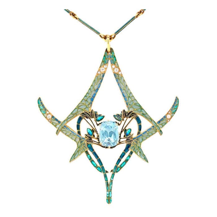 Lalique pendant featuring four dragonflies around an aquamarine stone, c. 1905; $275,152.