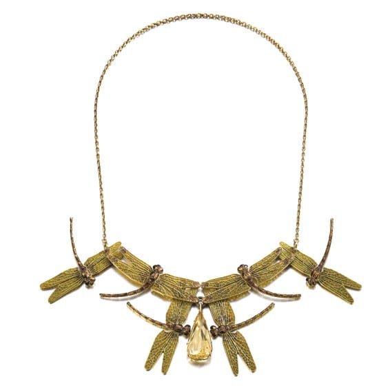 Lalique gold, enamel and citrine necklace/hair comb combination, c. 1900; $262,269.