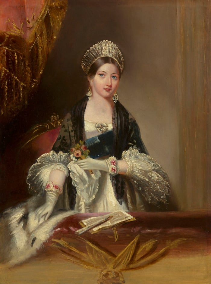 Queen Victoria, who popularized tussie-mussies, is seen carrying one in this oil painting by Edmund Thomas Parris, circa 1837, who painted her while she was attending an opera at the Drury Lane Theatre.