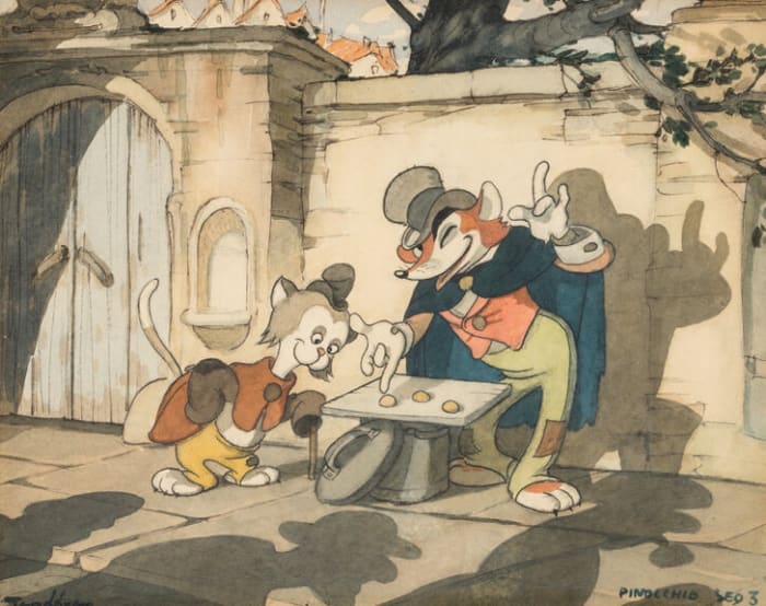 Gustaf Tenggren's concept painting for "Pinocchio" (Walt Disney, 1940) has a pre-sale estimate of $15,000.